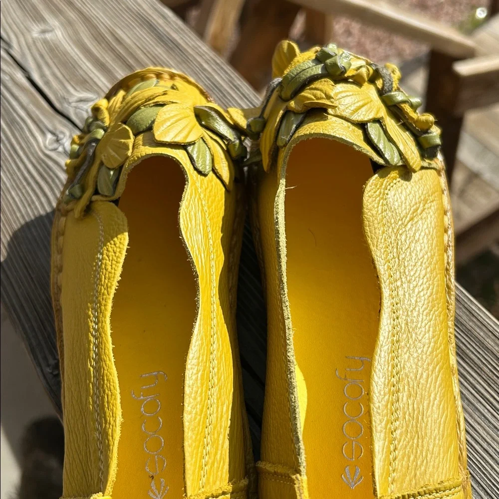 Socofy Women’s Leather Flex Slip On Floral Shoes size 8 - Yellow and Green - Picture 4 of 13